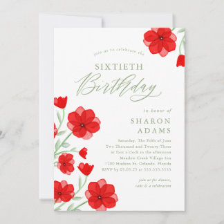 Elegant Watercolor Poppy Floral 60. Geburtstag Einladung
