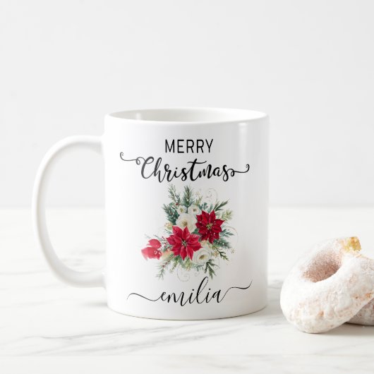 Elegant Watercolor Red Bouqet Frohe Weihnachtsbeze Kaffeetasse (Mit Donut)