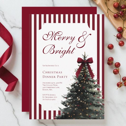 Elegant Watercolor Red Bow Christmas Dinner Party Einladung