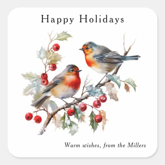 Elegant Watercolor Robin Happy Holidays Custom Quadratischer Aufkleber (Vorderseite)