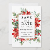Elegant Watercolor Rote Poinsettia Blumengrün Save The Date (Vorderseite)