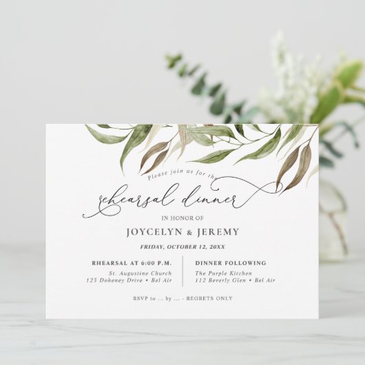 Elegant Watercolor Rustic Eucalyptus Rehearsal Einladung (Stehend Vorderseite)