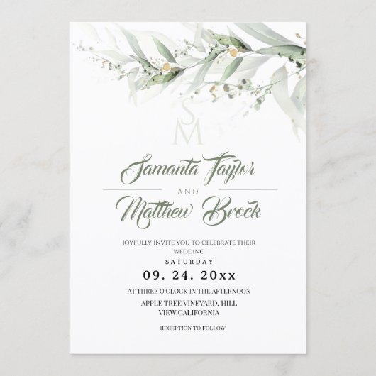 Elegant Watercolor Sage Greenery Floral Wedding Einladung (Vorderseite)