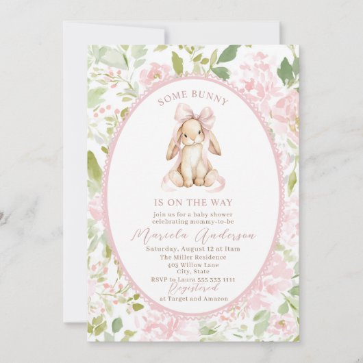 Elegant Watercolor some bunny pink bow Baby Shower Einladung (Vorderseite)