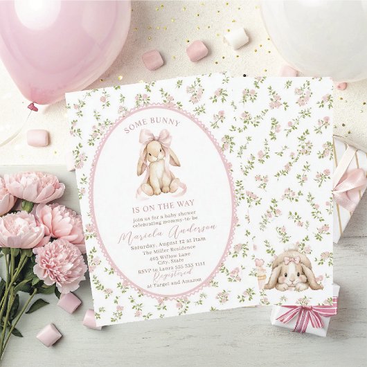 Elegant Watercolor some bunny pink bow Baby Shower Einladung