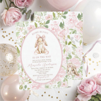 Elegant Watercolor some bunny pink bow Baby Shower Einladung