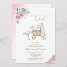 Elegant Watercolor Stork Baby Girl Baby Shower