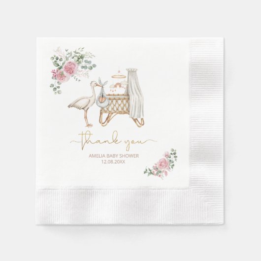 Elegant Watercolor Stork Girl Pink FloPaper Napkin Serviette (Vorderseite)