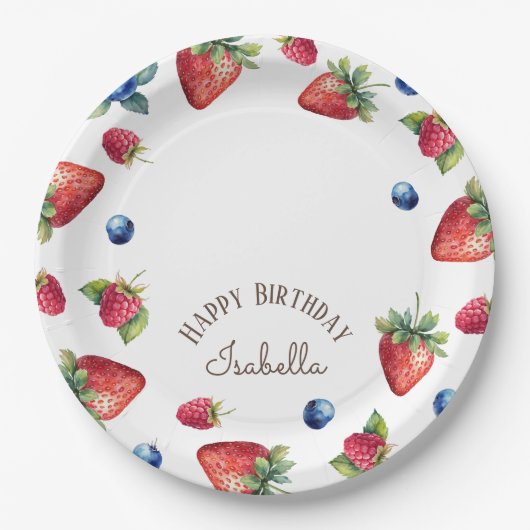 Elegant Watercolor Strawberry Berry Happy Birthday Pappteller (Vorderseite)