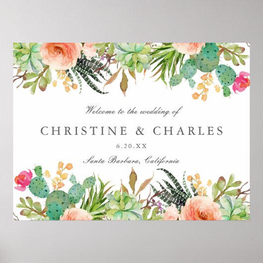 Elegant Watercolor Succulent Wedding Welcome Sign Poster (Vorne)