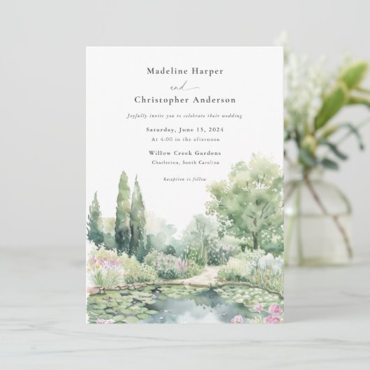 Elegant Watercolor Summer Garden Wedding Einladung (Stehend Vorderseite)