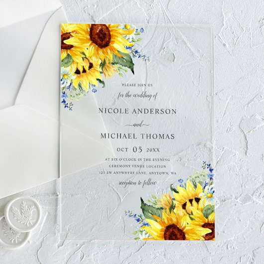 Elegant Watercolor Sunflowers Wedding Acryleinladungen