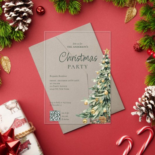 Elegant Watercolor Tree QR Code Christmas Party Acryleinladungen (Insitu (Feiertag))