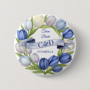 Elegant Watercolor Tulip Wreath Wedding Blue Ivory Button