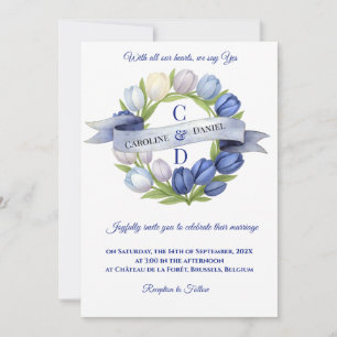 Elegant Watercolor Tulip Wreath Wedding Blue Ivory Einladung