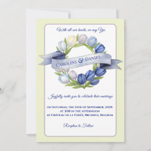 Elegant Watercolor Tulip Wreath Wedding Blue Ivory Einladung