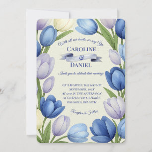Elegant Watercolor Tulip Wreath Wedding Blue Ivory Einladung