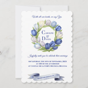 Elegant Watercolor Tulip Wreath Wedding Blue Ivory Einladung