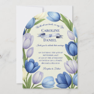 Elegant Watercolor Tulip Wreath Wedding Blue Ivory Einladung