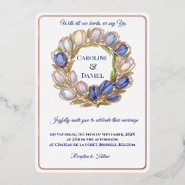 Elegant Watercolor Tulip Wreath Wedding Blue Ivory Folieneinladung