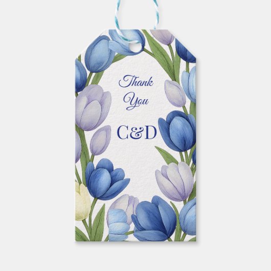 Elegant Watercolor Tulip Wreath Wedding Blue Ivory Geschenkanhänger (Vorderseite)