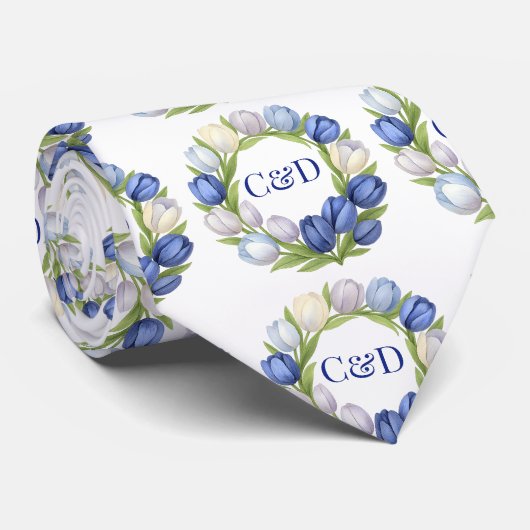 Elegant Watercolor Tulip Wreath Wedding Blue Ivory Krawatte (Gerollt)