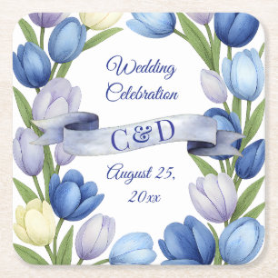 Elegant Watercolor Tulip Wreath Wedding Blue Ivory Rechteckiger Pappuntersetzer