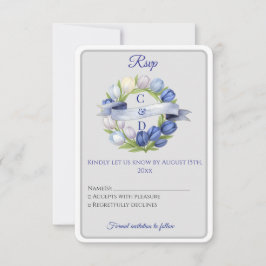 Elegant Watercolor Tulip Wreath Wedding Blue Ivory RSVP Karte