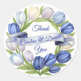 Elegant Watercolor Tulip Wreath Wedding Blue Ivory Runder Aufkleber