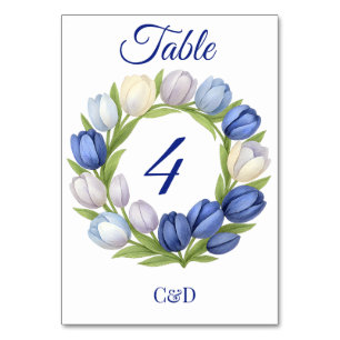 Elegant Watercolor Tulip Wreath Wedding Blue Ivory Tischnummer