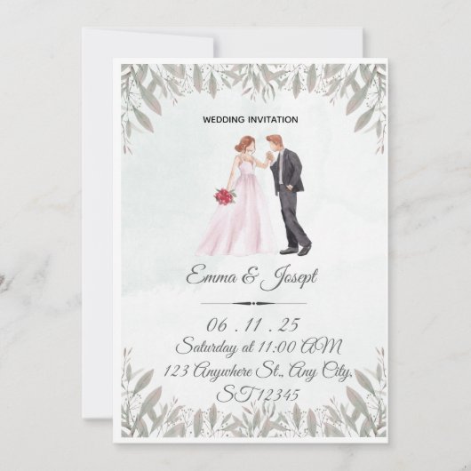 Elegant Watercolor Wedding Invitation Einladung (Vorderseite)