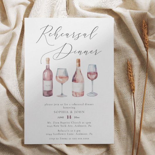 Elegant Watercolor Wine Bottles Rehearsal Dinner Einladung