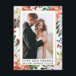 Elegant Watercolor Winter Floral Love and Thanks Postkarte<br><div class="desc">Elegant Watercolor Winter Floral and Greenery Bride and Groom Love and Thanks Wedding Photo Thank You Postcard includes red poinsettias,  white roses,  holly berries and botanical greenery. Gold Frame.</div>