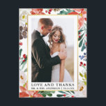 Elegant Watercolor Winter Floral Love and Thanks Postkarte<br><div class="desc">Elegant Watercolor Winter Floral and Greenery Bride and Groom Love and Thanks Wedding Photo Thank You Postcard includes red poinsettias,  white roses,  holly berries and botanical greenery. Gold Frame.</div>