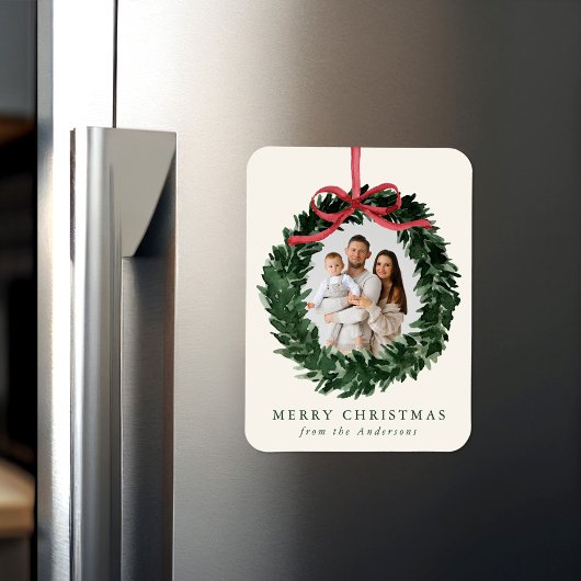Elegant Watercolor Wreath with Bow Christmas Photo Magnet
