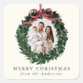 Elegant Watercolor Wreath with Bow Photo Holiday Quadratischer Aufkleber (Vorderseite)