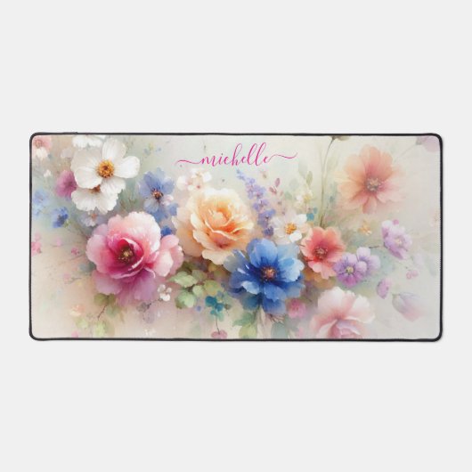 Elegant Watercolour Flowers Custom Name Text Schreibtischunterlage (Vorderseite)