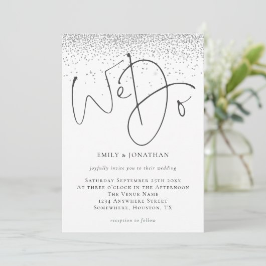 Elegant We do Script Silver Glitzer Wedding Einladung (Stehend Vorderseite)