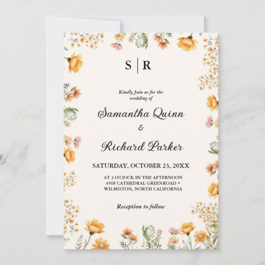 Elegant Weadow Wildblume Monogram Wedding Einladung (Vorderseite)