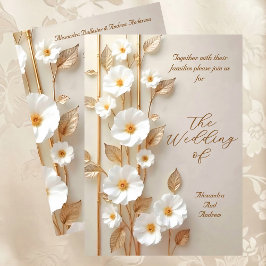 Elegant Wedding Beige White Flowers Gold Bamboo Einladung