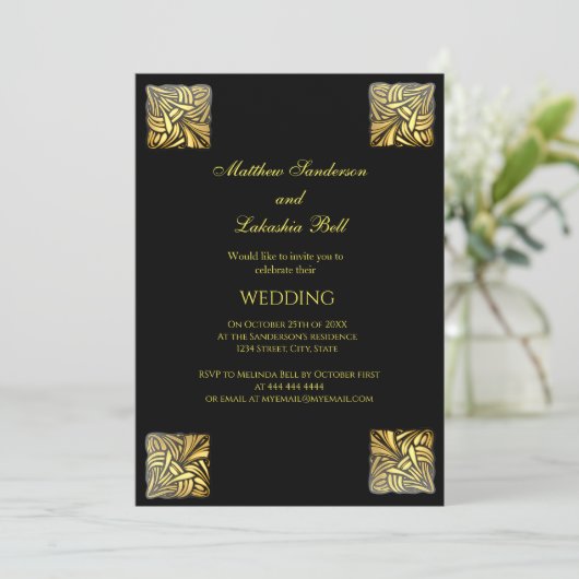 Elegant Wedding Black Gold Einladung (Stehend Vorderseite)