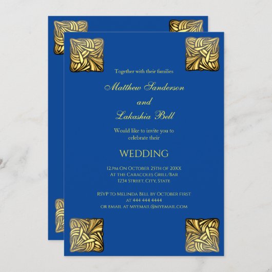 Elegant Wedding Blue Gold Einladung (Vorne/Hinten)