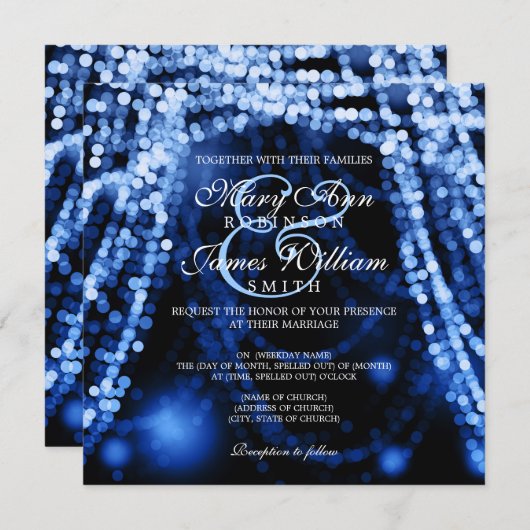 Elegant Wedding Blue String Lights Einladung (Vorne/Hinten)