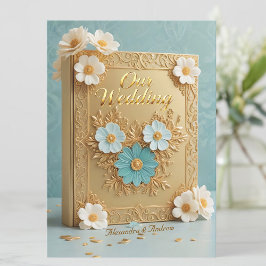 Elegant Wedding Book Blue White Gold Flowers Einladung