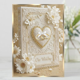 Elegant Wedding Book Gold Heart Lace White Flowers Einladung