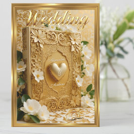 Elegant Wedding Book Gold Heart White Flowers Einladung