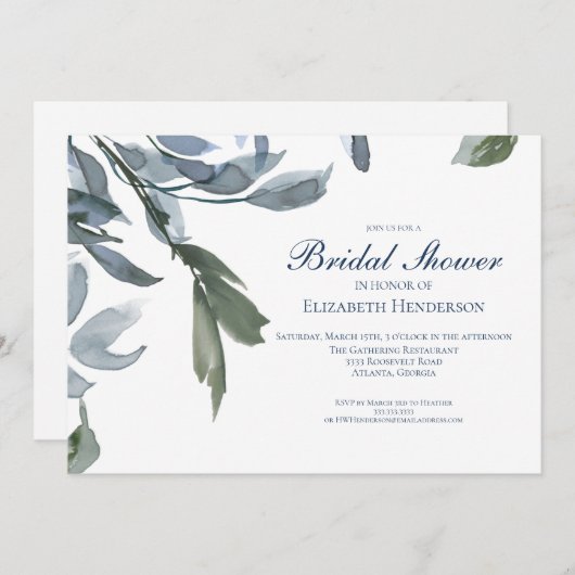 Elegant Wedding Brautparty Blue Floral Einladung (Vorne/Hinten)