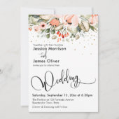 Elegant Wedding Calligraphy Floral & Gold Confetti Einladung (Vorderseite)