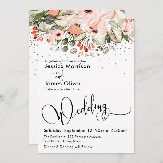 Elegant Wedding Calligraphy Floral & Gold Confetti Einladung (Vorne/Hinten)