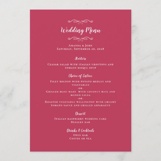 Elegant Wedding Calligraphy Magenta Gastessen Menükarte (Vorderseite)